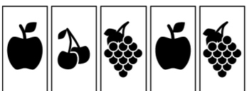 A sequence of 5 cards with apple, cherry, grapes, apple, and grapes icons.
