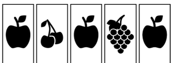 A sequence of 5 cards with apple, cherry, apple, grapes, and apple icons.