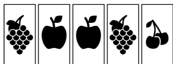 A sequence of 5 cards with grapes, apple, apple, grapes, and cherry icons.