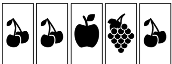 A sequence of 5 cards with cherry, cherry, apple, grapes, and cherry icons.