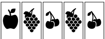 A sequence of 5 cards with apple, grapes, apple, grapes, and cherry icons.