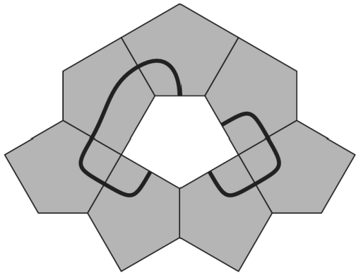 A pattern of pentagons with a missing tile in the center, through which a thick closed loop passes.