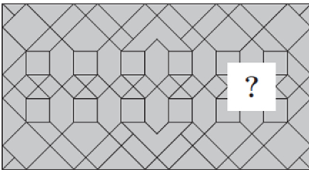 A large rectangular pattern made of interlaced geometric shapes with a missing piece marked by a question mark