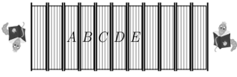A row of 5 books labeled A, B, C, D, E with two bookworms on either side.